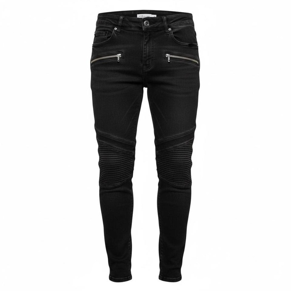 Zara Moto Skinny Jeans Women 8 Black Biker‎ Ribbed Knee Zipper Detail Denim